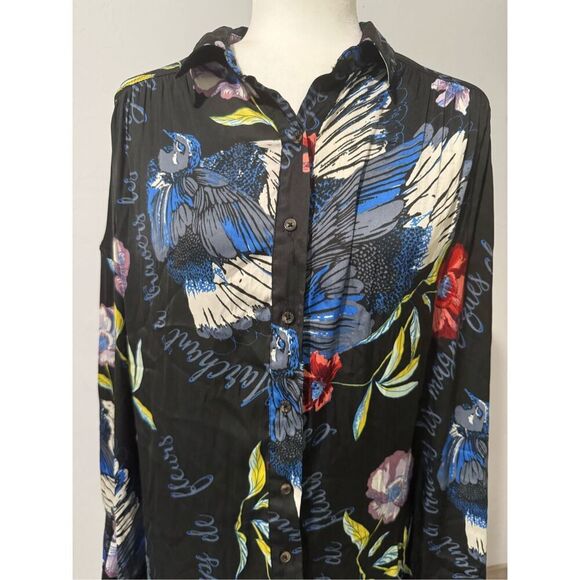 Free People black floral bird print long sleeve button front top SP - Picture 9 of 10